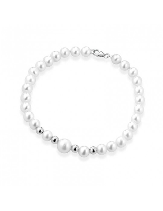 Bracciale Lelune - Young con Perle Coltivate 5.5-6 mm e Sfere in Oro Bianco 18 Carati - LLBR293