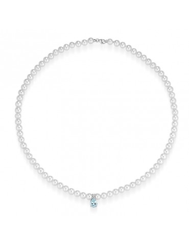 Lelune Necklace - Ninfea Pearl Strand 5-5.5 mm Aquamarine Drop Pendant - 0