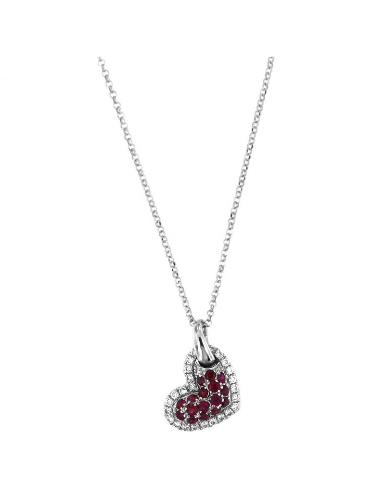 Picca Woman's Necklace - Heart in White Gold with Natural Diamonds and Rubies - 0