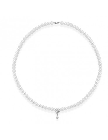 Collana Coscia - Filo di Perle 4,5-5 mm con Pendente in Oro Bianco 18 Carati e Diamanti Naturali 0,20 ct - CLNKFWED2520