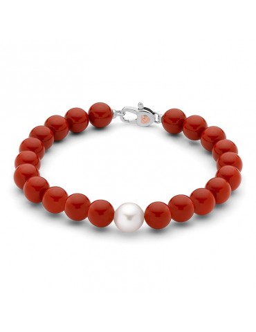Miluna Bracelet - Earth and Sea with Red Coral Agglomerate and Pearl 8.5-9 mm - 0