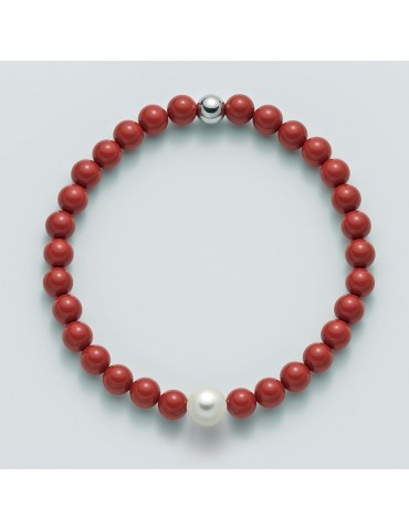 Bracciale Miluna - Terra e Mare con Agglomerato Corallo Rosso e Perla 7,5-8 mm - 0 2