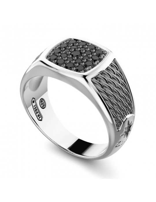 Zancan Ring - 925% Silver - Black Spinels - Compass Rose - EXA165