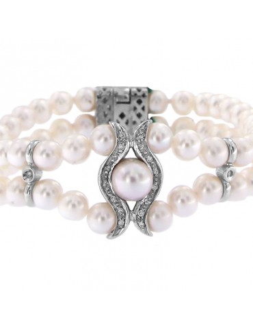Bracciale Nimei - Oro Bianco - Filo di Perle Akoya - Diamanti - PBR165