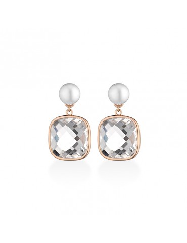 Orecchini Lelune Glamour - Carmen Pendenti in Argento 925% Rosato con Perle Freshwater e Cristalli di Rocca - LGEA594
