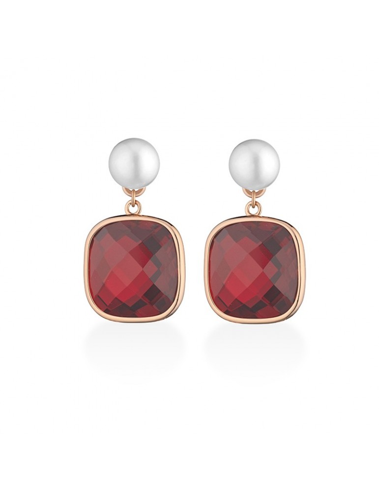 Lelune Glamour Earrings - Carmen Pendants in 925% Rose Silver with Freshwater Pearls and Red Crystals - 0
