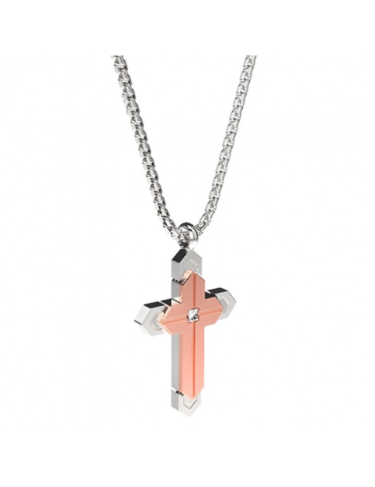 Collana Zancan - Hi-Teck -Acciaio 316L - Croce PVD Rosa-Zircone-EHC212