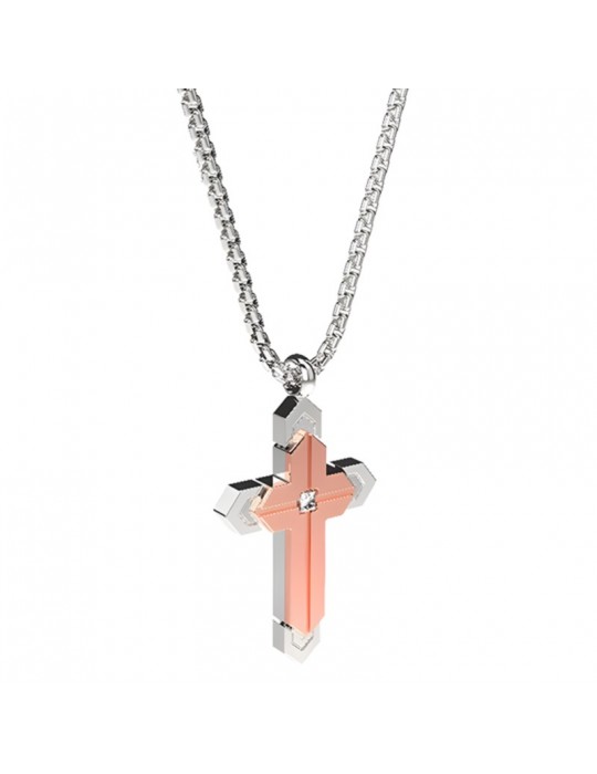 Collana Zancan - Hi-Teck -Acciaio 316L - Croce PVD Rosa-Zircone-EHC212
