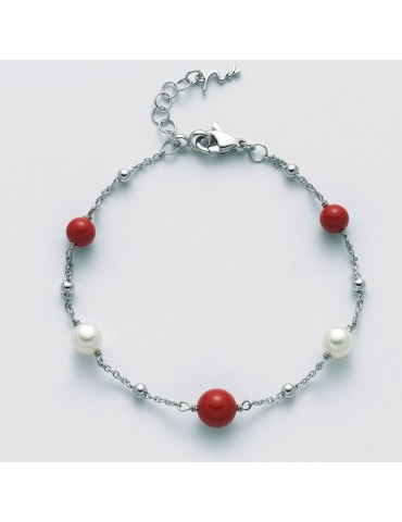 Miluna Bracelet with Pearls and Red Coral Agglomerate for Woman - 0