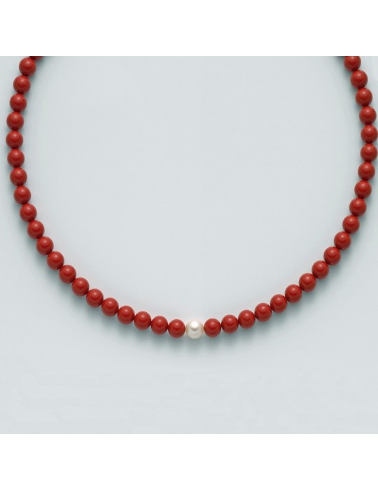 Miluna Necklace with Pearls and Red Coral for Woman - 0