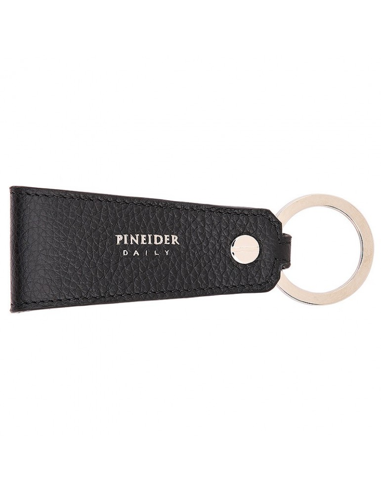 Pineider Keyring-in Black Tumbled Calfskin-Rivet-PTS750056