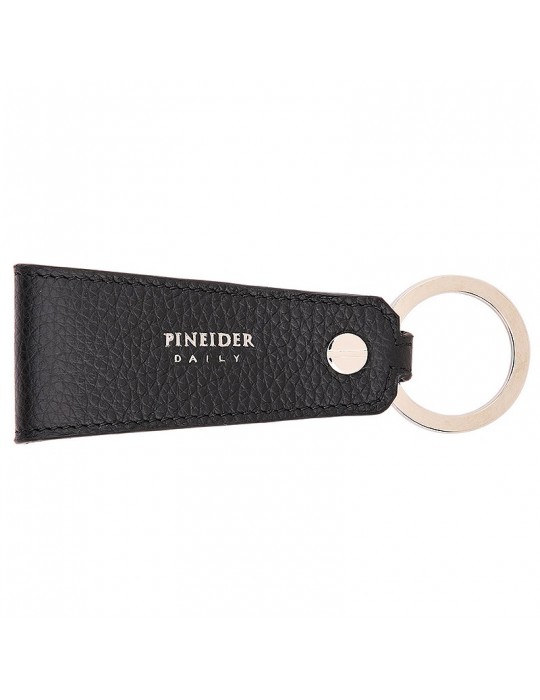 Pineider Keyring-in Black Tumbled Calfskin-Rivet-PTS750056