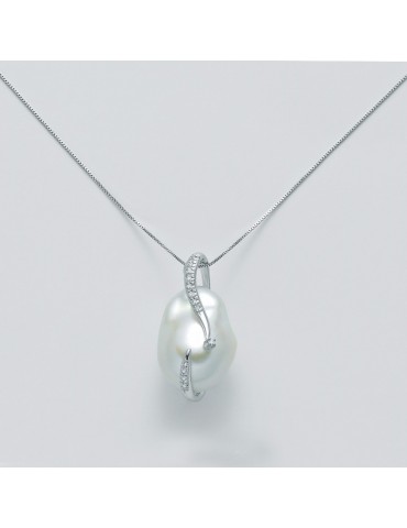 Nimei Woman's Necklace - in White Gold with Baroque Pearl and Diamonds - 0
