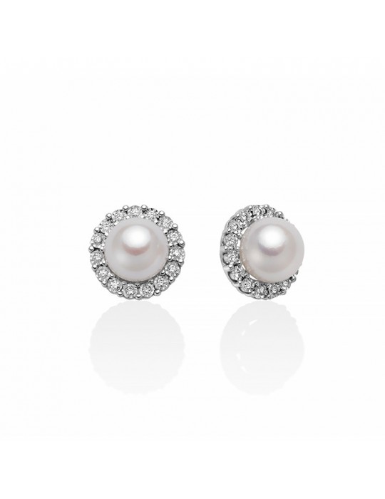 Miluna Earrings - in 18K White Gold with 6.5-7mm Pearls and Natural Diamonds - 0