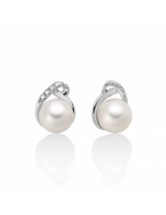 Miluna Earrings - in 18K White Gold with 7-7.5mm Pearls and Natural Diamonds - 0