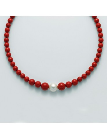 Collana Miluna - Agglomerato Corallo Rosso - Perla Oriente - PCL5321