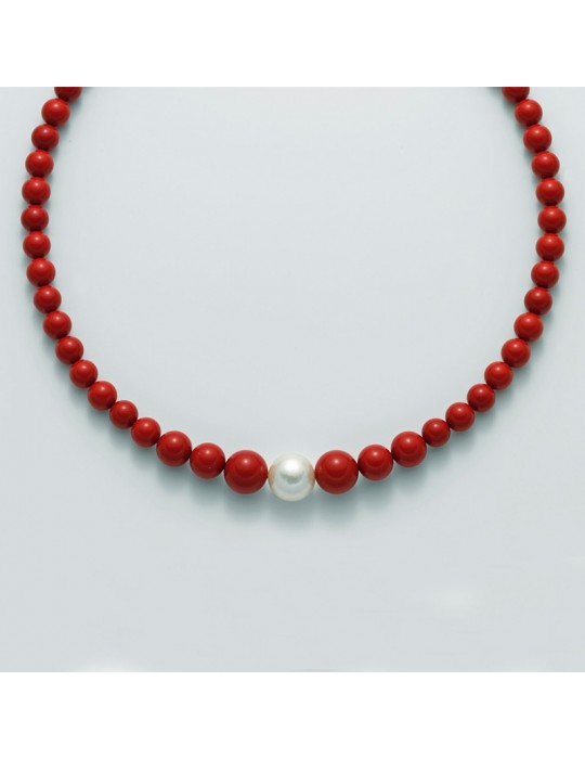 Miluna Woman's Necklace - with Red Coral Agglomerate and Pearls - 0