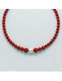 Miluna Woman's Necklace - with Red Coral Agglomerate and Pearls - 0