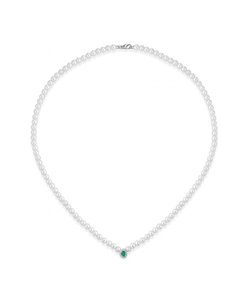 Lelune Necklace - Ninfea Pearl Strand 4-4.5 mm Emerald Drop Pendant - 0