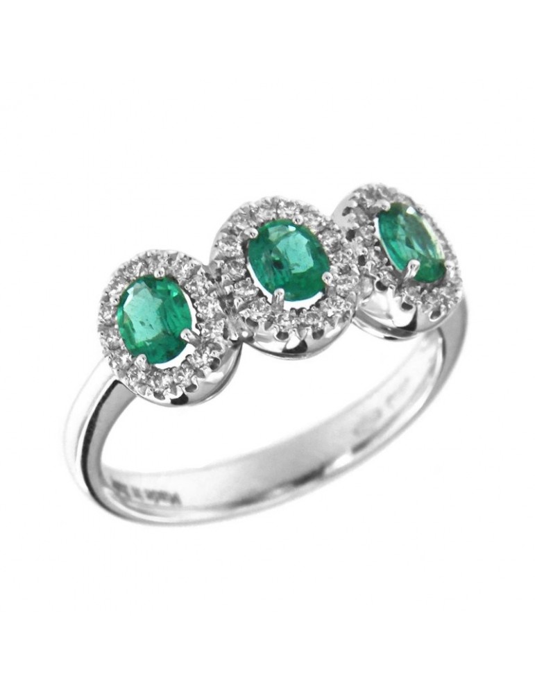 Davite&Delucchi Ring - Trilogy in 18K White Gold with Diamonds and Emeralds 0.80 ct - 0