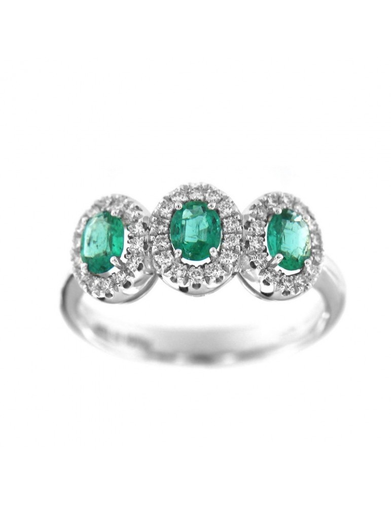 Davite&Delucchi Ring - Trilogy in 18K White Gold with Diamonds and Emeralds 0.80 ct - 0