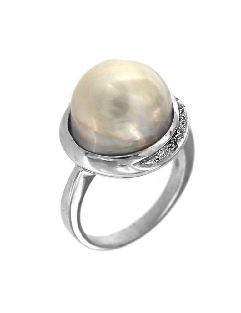 Anello Nimei Oro Bianco Perla Australia 13-14 mm -Diamanti-PLI548