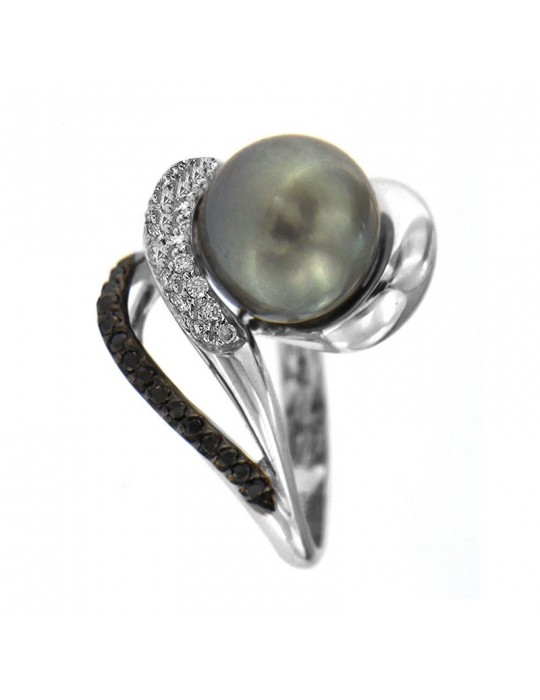 Nimei Women's Ring with Tahiti Pearl and Black and White Diamonds - 0