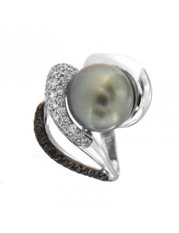 Nimei Women's Ring with Tahiti Pearl and Black and White Diamonds - 0 2