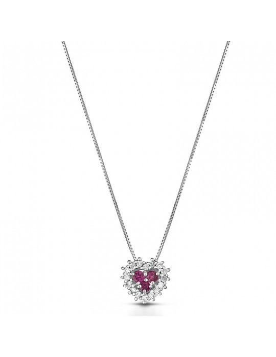 Collana Lelune Diamonds - Pendente Cuore in Oro Bianco 18 carati con Diamanti Bianchi e Rubini 0,07 ct - LDPLRB007007