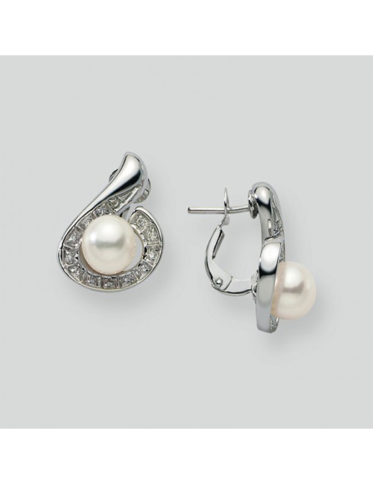 Nimei Earrings - 18K White Gold with 7-7.5mm Akoya Pearl and Natural Diamonds - 0