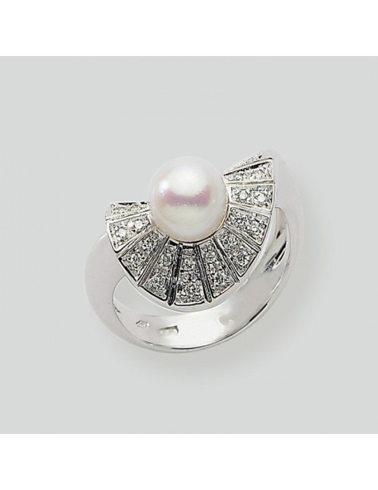Nimei Ring - 18K White Gold with 7.5-8mm Akoya Pearl and Natural Diamonds - 0