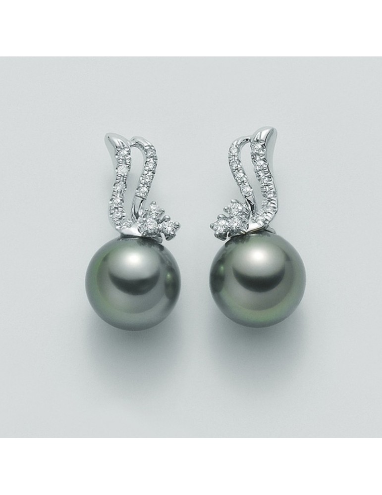 Nimei Earrings - 18K White Gold with 9-10mm Tahitian Moorea Pearls and Natural Diamonds - 0