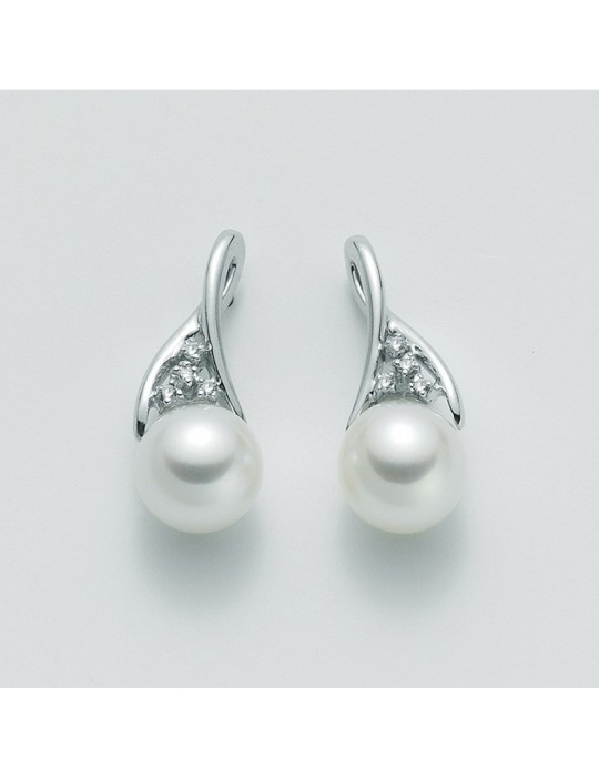 Nimei Earrings - 18K White Gold with 8.5-9mm Pearls and Natural Diamonds - 0