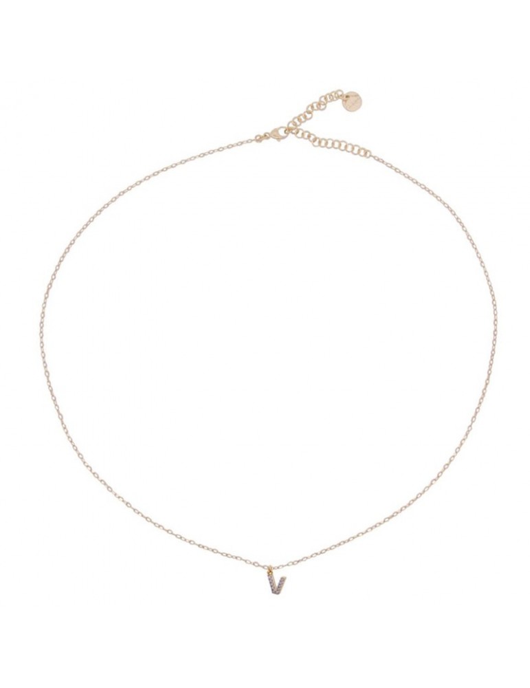Rue des Mille Necklace-Golden-Letter V-White Zircons-GRZ011INIZAUV