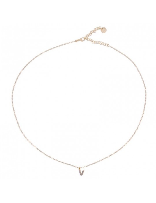 Rue des Mille Necklace-Golden-Letter V-White Zircons-GRZ011INIZAUV