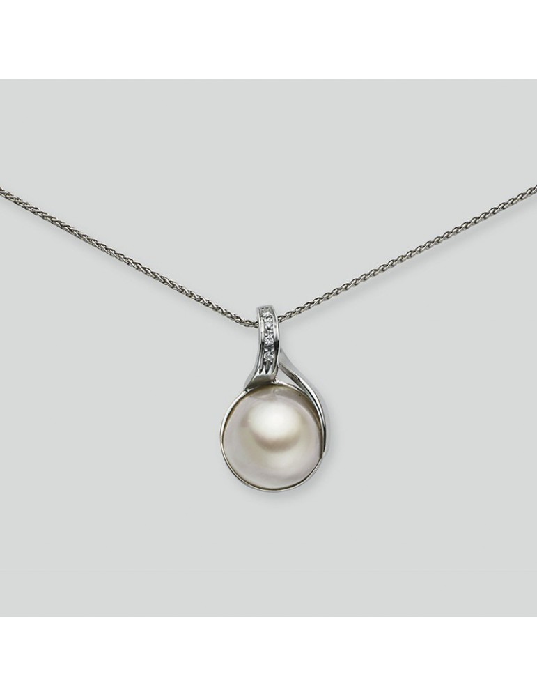 Nimei Necklace - in 18K White Gold with 13-14mm Australian Pearl and Natural Diamonds - 0