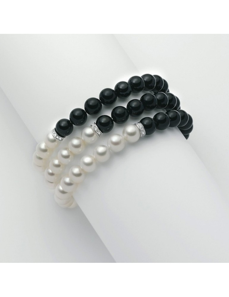 Nimei Bracelet - Three Strands with Black Agate Real Pearls and Natural Diamonds - 0