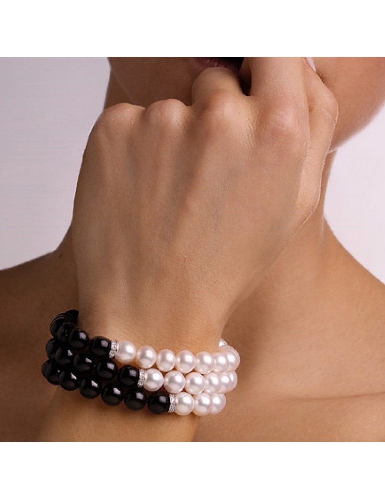 Nimei Bracelet - Three Strands with Black Agate Real Pearls and Natural Diamonds - 0