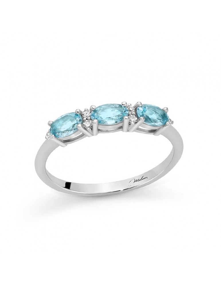 Miluna Ring - Trilogy in 18K White Gold with Oval Aquamarine and Natural Diamonds - 0