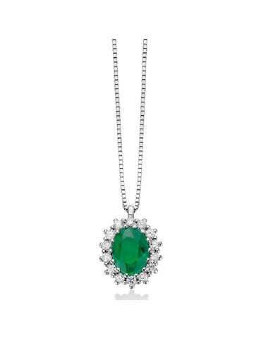Collana Miluna - Rosetta in Oro Bianco 18 carati con Pendente Smeraldo Ovale e Diamanti Naturali - 0