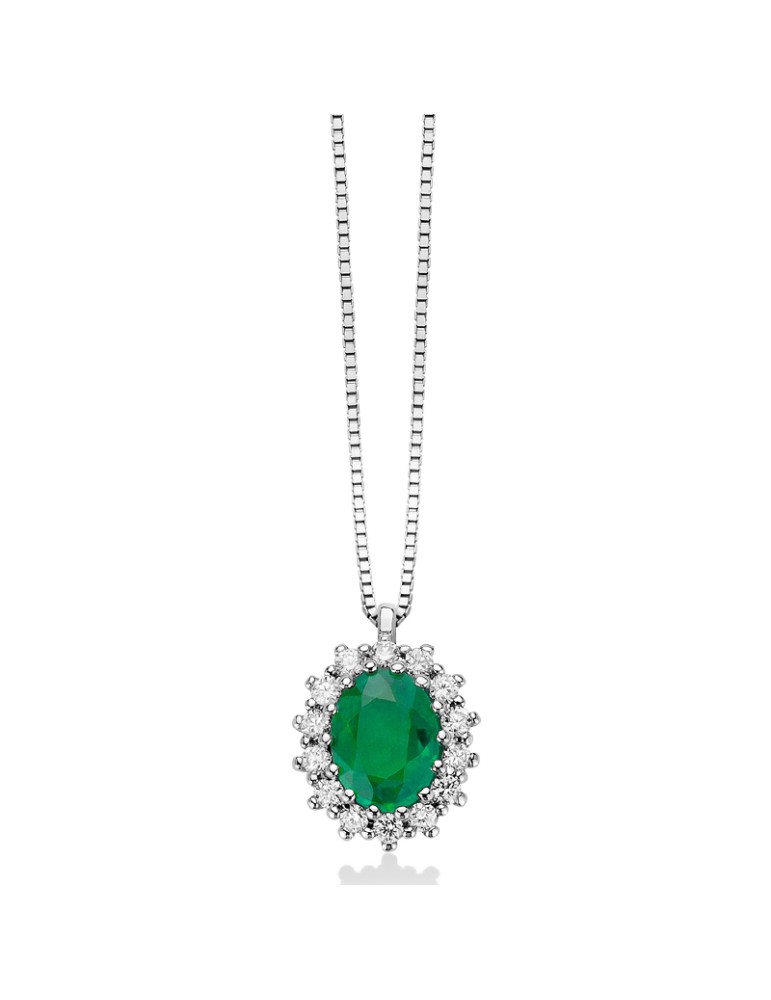 Miluna Necklace - 18K White Gold Rosette with Oval Emerald Pendant and Natural Diamonds - 0