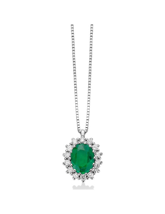 Miluna Necklace - 18K White Gold Rosette with Oval Emerald Pendant and Natural Diamonds - 0