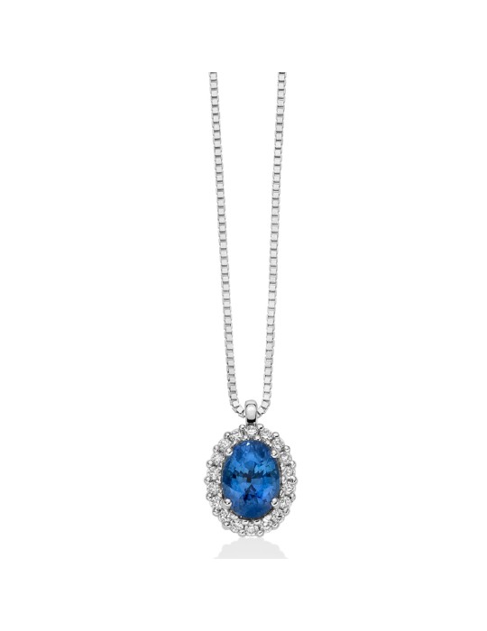 Collana Miluna - in Oro Bianco 18 carati con Pendente Zaffiro Blu Ovale e Diamanti Naturali - CLD4456