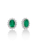 Miluna Earrings - 18K White Gold Rosette with Oval Green Emerald and Natural Diamonds - 0