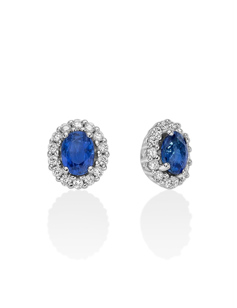 Miluna Earrings - 18K White Gold Rosette with Oval Blue Sapphire and Natural Diamonds - 0