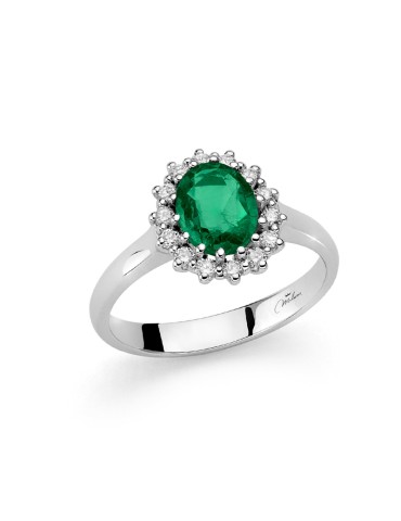 Miluna Ring - 18K White Gold Rosette with Oval Emerald and Natural Diamonds