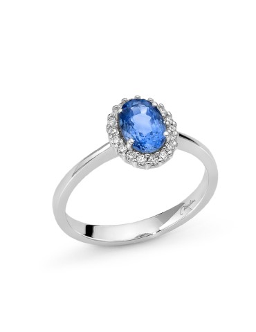 Miluna Ring - in 18K White Gold with Oval Blue Sapphire and Natural Diamonds