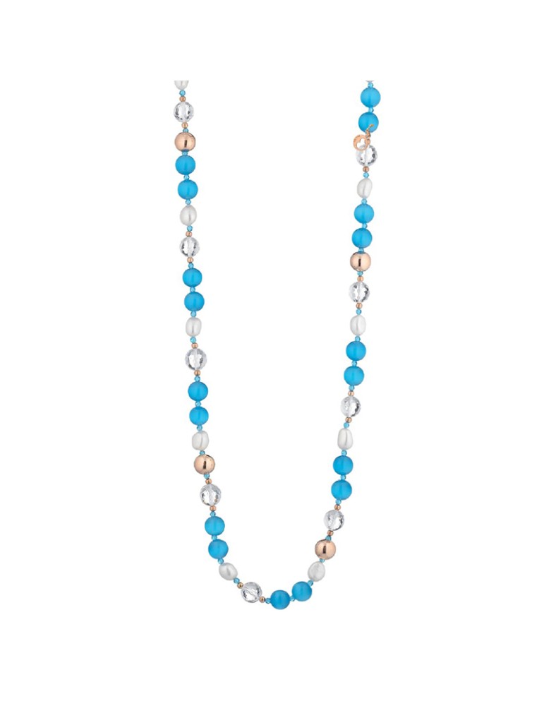 Lelune Glamour Necklace - Spring with Blue Cat's Eye, Rock Crystals and Freshwater Pearls - 0