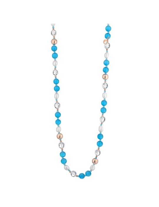 Lelune Glamour Necklace - Spring with Blue Cat's Eye, Rock Crystals and Freshwater Pearls - 0