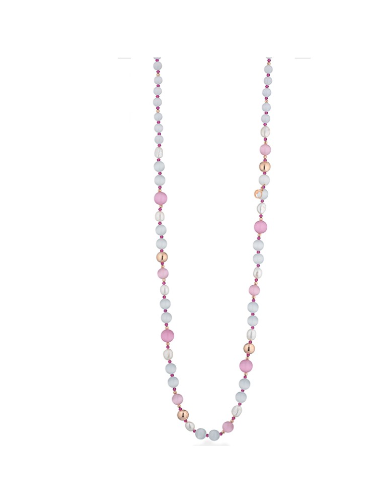 Collana Lelune Glamour - Spring con Occhio di Gatto Rosa, Cristalli di Rocca e Perle d’Acqua Dolce - LGNK406